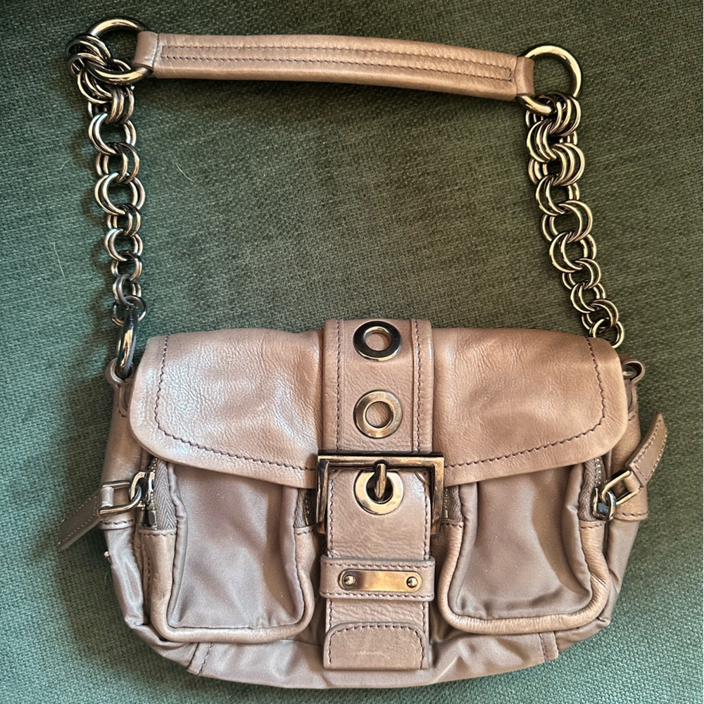Prada gray leather and fabric purse